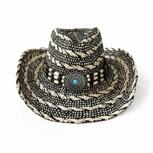 Chapeau cowboy noir beige paille tressée médaillon turquoise