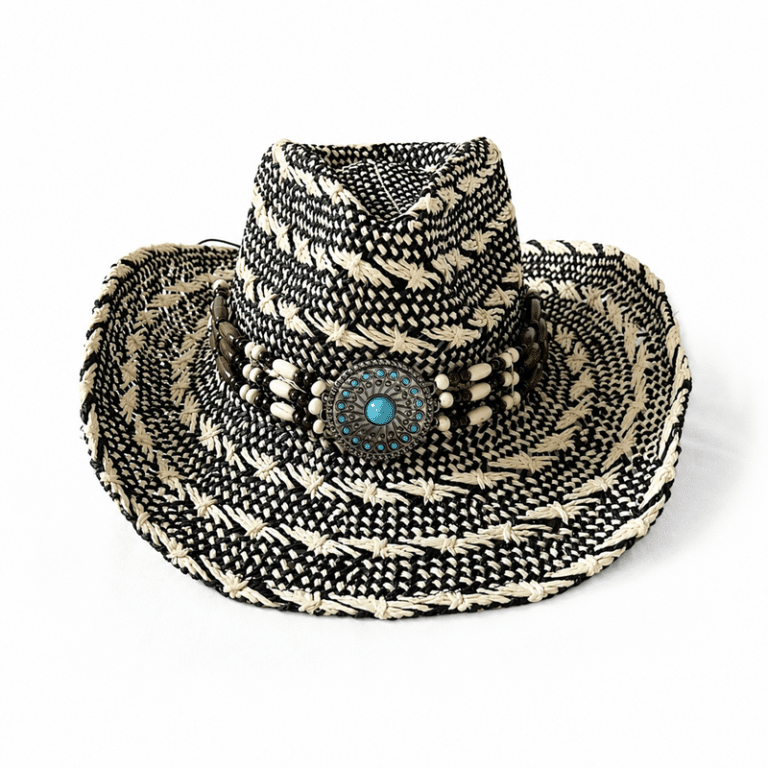 chapeau cowboy noir beige paille tressée médaillon turquoise (7)