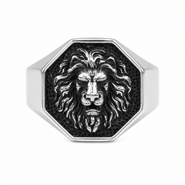 Bague chevalière homme argentée tête de lion