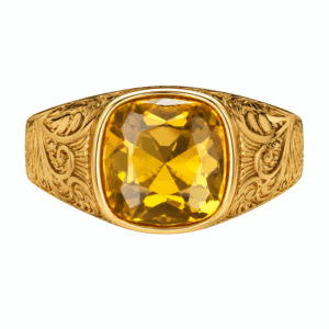 Bague chevalière western homme dorée à pierre jaune et motifs gravés