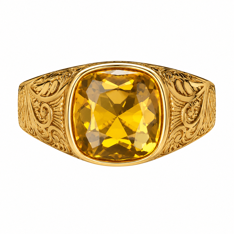 Bague chevalière western homme dorée à pierre jaune et motifs gravés (3)