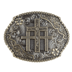 Boucle ceinture vintage américaine croix chrétiennes et fleurs