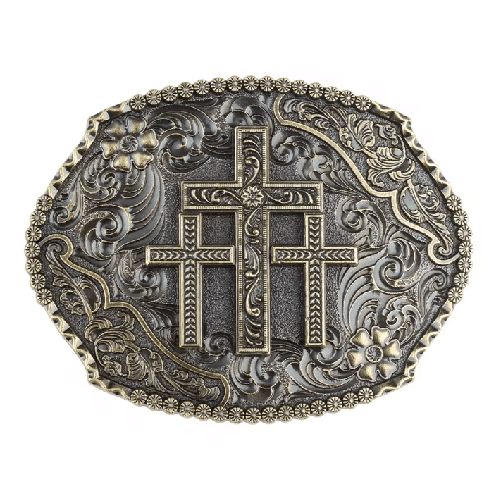 Boucle ceinture vintage américaine croix chrétiennes et fleurs (2)