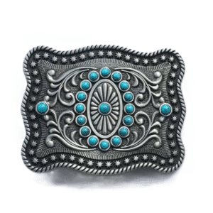 Boucle de ceinture argentée à cabochons turquoise et motifs étoilés