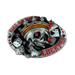 Boucle de ceinture biker Lucky 13 crâne cartes dés argentée rouge