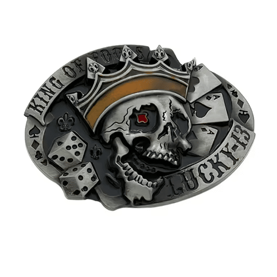 Boucle de ceinture biker Lucky 13 crâne cartes dés argentée rouge (3)