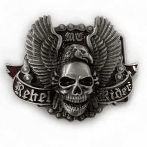 Boucle de ceinture biker crâne ailé Rebel Ride argentée vintage