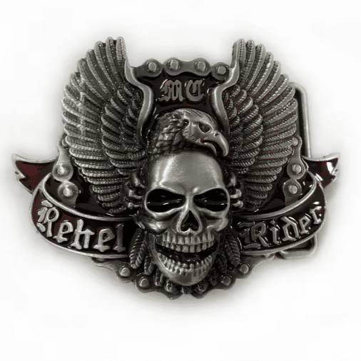 Boucle de ceinture biker crâne ailé Rebel Ride argentée vintage