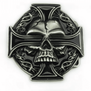 Boucle de ceinture biker tête de mort et croix noire vintage