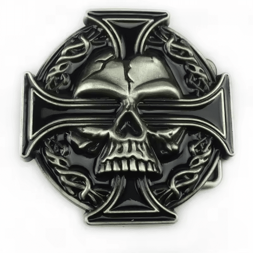 Boucle de ceinture biker tête de mort et croix noire vintage (1)