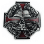 Boucle de ceinture biker tête de mort et croix noire vintage