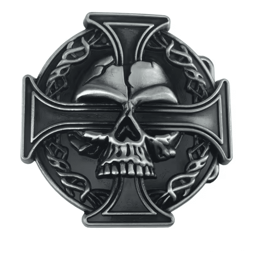 Boucle de ceinture biker tête de mort et croix noire vintage (2)