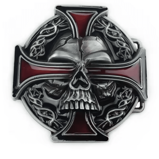 Boucle de ceinture biker tête de mort et croix noire vintage