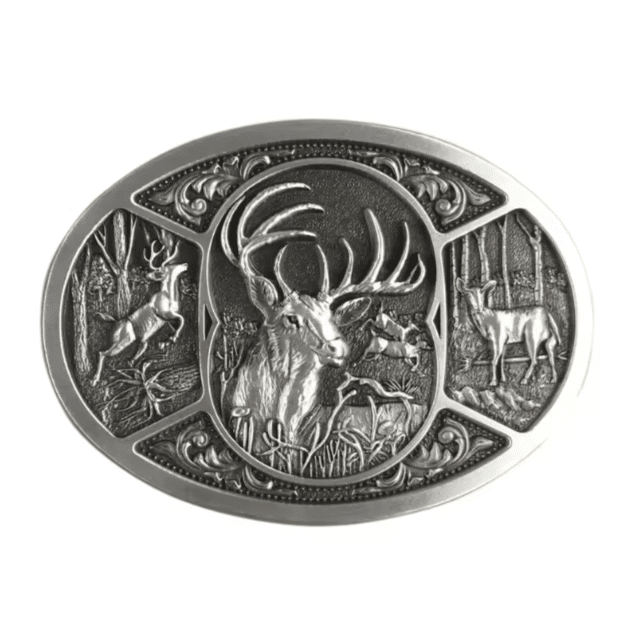Boucle de ceinture cerf en forêt style country argenté
