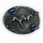 Boucle de ceinture cowboy argenté bleu chevaux