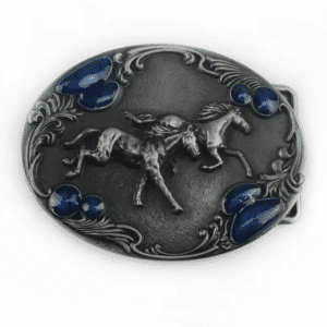 Boucle de ceinture cowboy argenté bleu chevaux