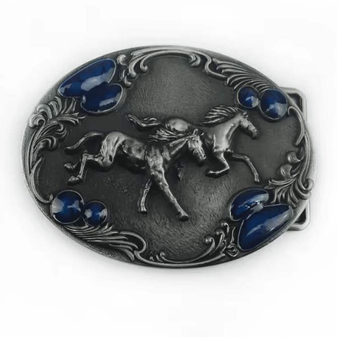 Boucle de ceinture cowboy argenté bleu chevaux