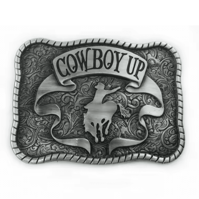 Boucle de ceinture cowboy argentée Cowboy Up style rodéo