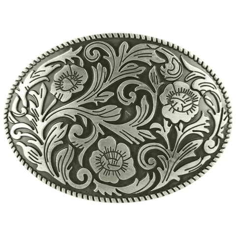 Boucle de ceinture cowboy argentée à motifs floraux