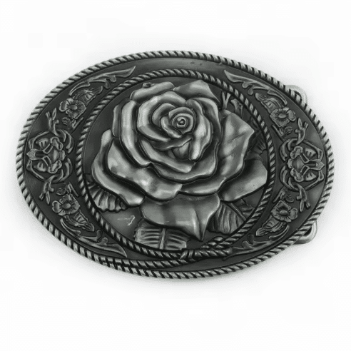 Boucle de ceinture cowboy argentée à rose (1)