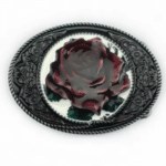 Boucle de ceinture cowboy argentée à rose rouge style western