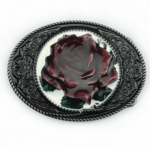 Boucle de ceinture cowboy argentée à rose rouge style western