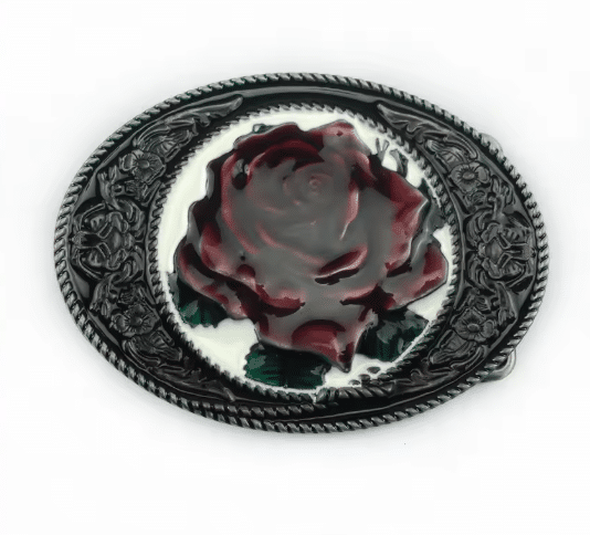 Boucle de ceinture cowboy argentée à rose rouge style western