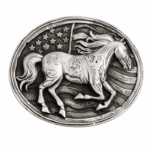 Boucle de ceinture cowboy cheval et drapeau américain argentée