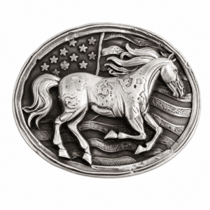 Boucle de ceinture cowboy cheval et drapeau américain argentée