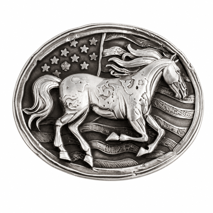 Boucle de ceinture cowboy cheval et drapeau américain argentée