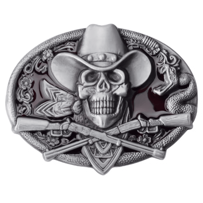 Boucle de ceinture cowboy crâne et fusils croisés (1)