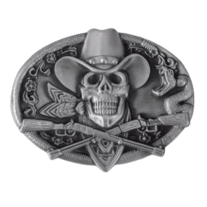 Boucle de ceinture cowboy crâne et fusils croisés