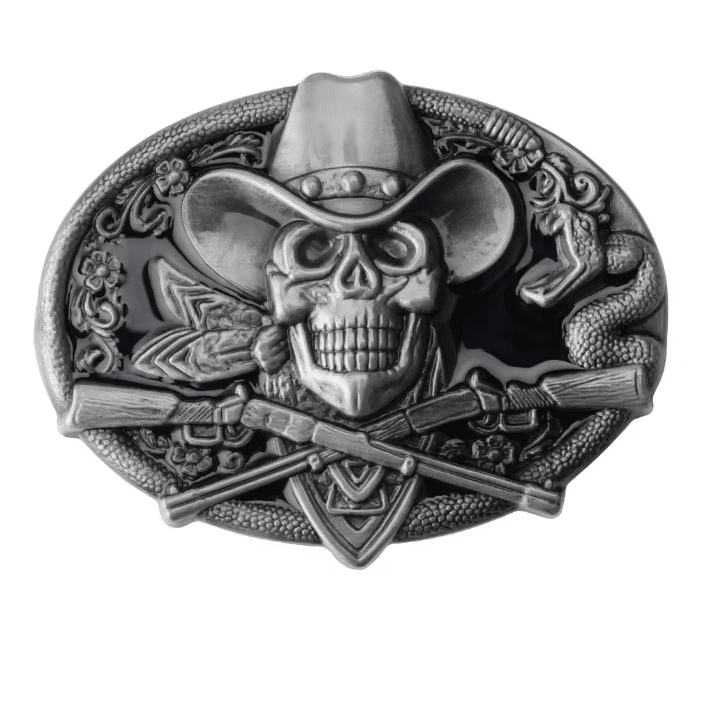 Boucle de ceinture cowboy crâne et fusils croisés (3)