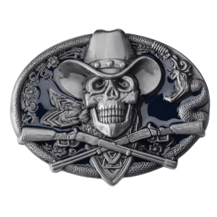 Boucle de ceinture cowboy crâne et fusils croisés (4)