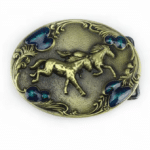 Boucle de ceinture cowboy dorée bleu chevaux