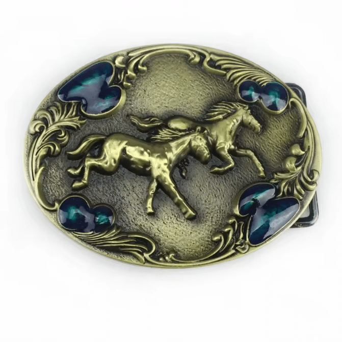 Boucle de ceinture cowboy dorée bleu chevaux