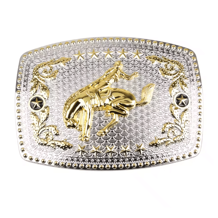 Boucle de ceinture cowboy rodéo dorée et argentée brillante