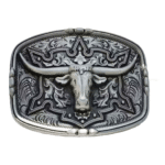 Boucle de ceinture cowboy tête de taureau argentée style western gravée (1)