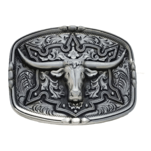 Boucle de ceinture cowboy tête de taureau argentée style western gravée