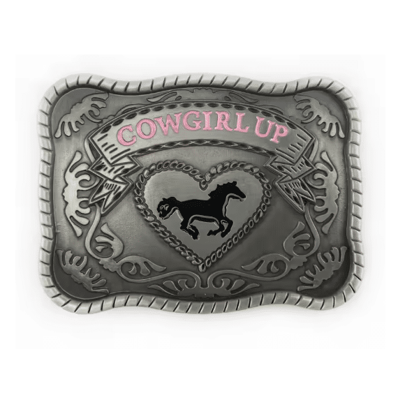 Boucle de ceinture cowgirl argentée Cowgirl Up avec cheval western
