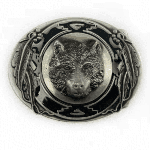 Boucle de ceinture tête de loup et plumes