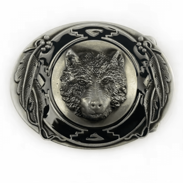 Boucle de ceinture tête de loup et plumes