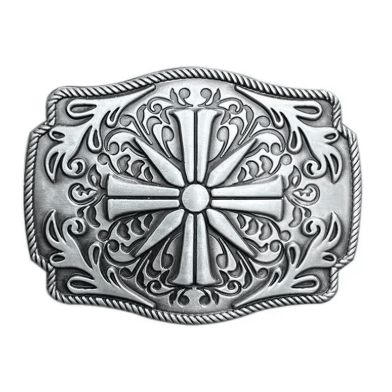 Boucle de ceinture western argentée à croix et arabesques (2)