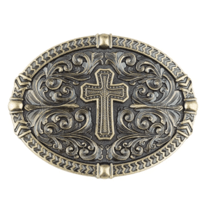 Boucle de ceinture western argentée à croix et arabesques vintage