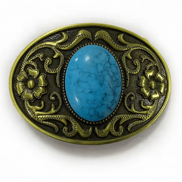 Boucle de ceinture western argentée à pierre bleue et motifs floraux (2)