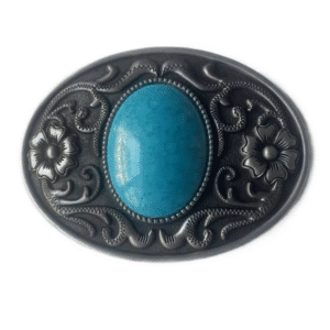 Boucle de ceinture western argentée à pierre bleue et motifs floraux