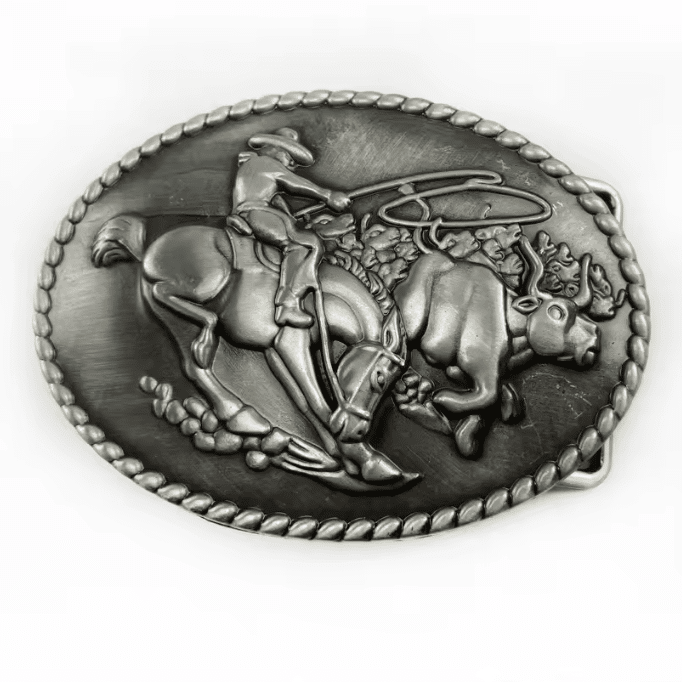 Boucle de ceinture western argentée cowboy à cheval (2)