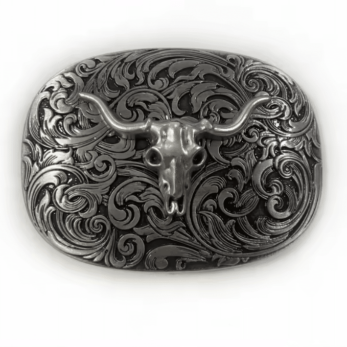 Boucle de ceinture western argentée crâne de taureau (2)