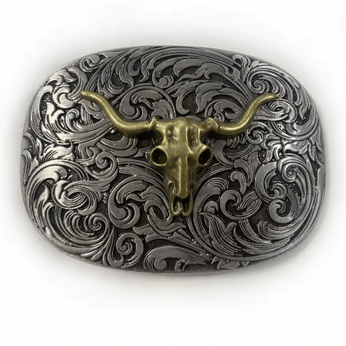 Boucle de ceinture western argentée crâne de taureau (3)