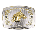 Boucle de ceinture western cheval argentée et dorée